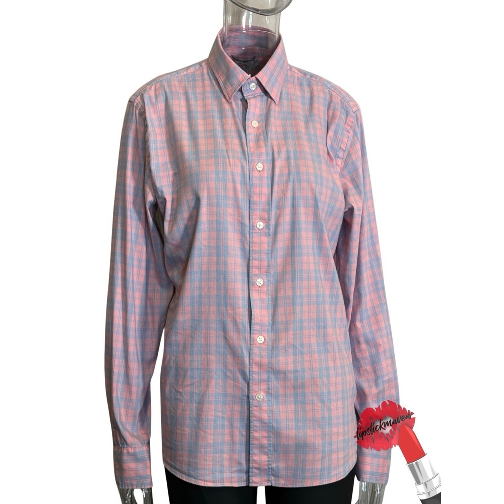 Faherty Shirt Mens Medium Blue Pink Button Down Movement Plaid Long Sleeve